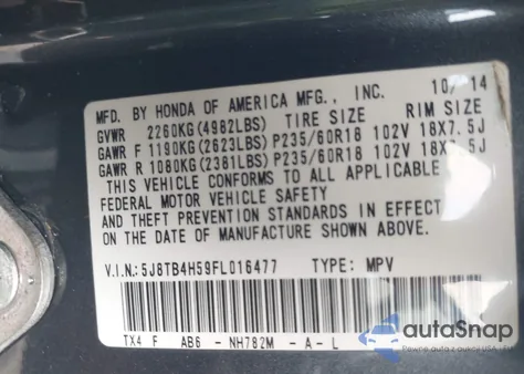 2015 Acura Rdx из США, поврежденный, VIN 5J8TB4H59FL016477